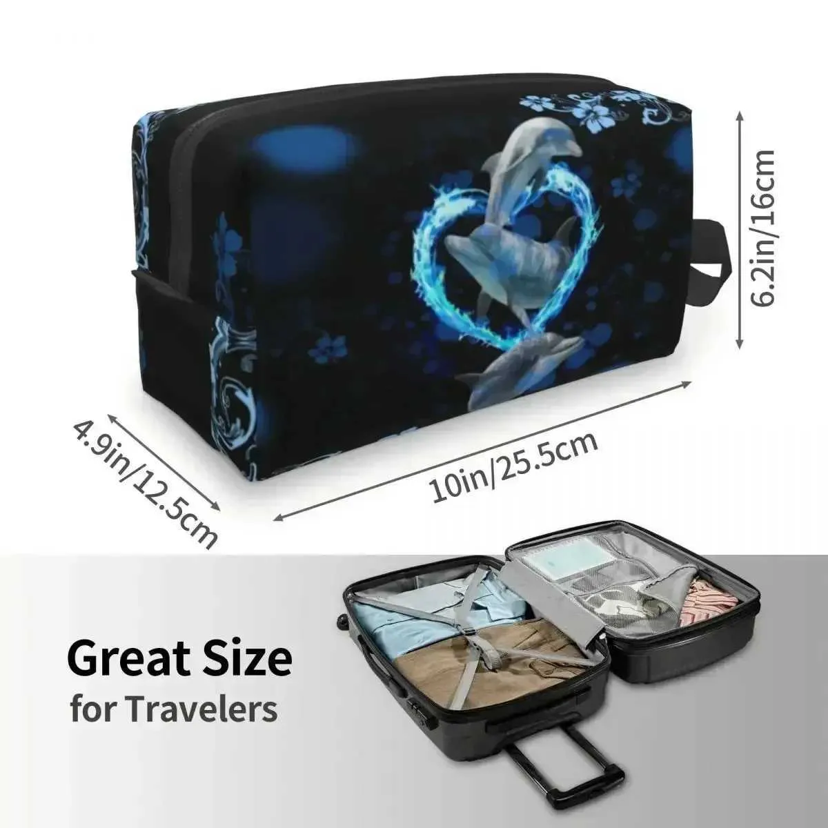 Beauty case a forma di delfino, blu, con animale marino, acqua, balena, organizer per cosmetici e trucchi, da donna, kit di bellezza Y241023_voghion.com