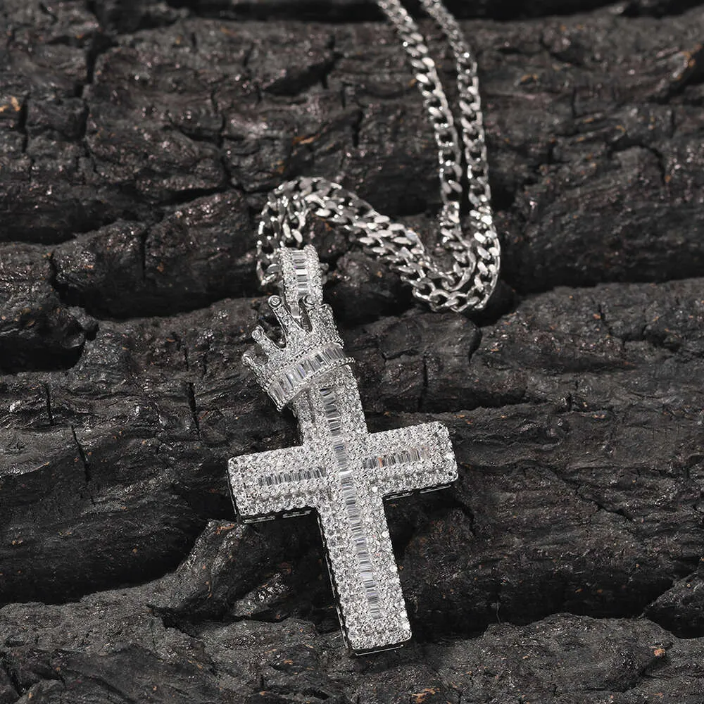 Krone kors anheng halskjede menn Hip Hop punk mote personlighet bred GRA moissanitt diamant gull sterling sier cubansk_voghion.com
