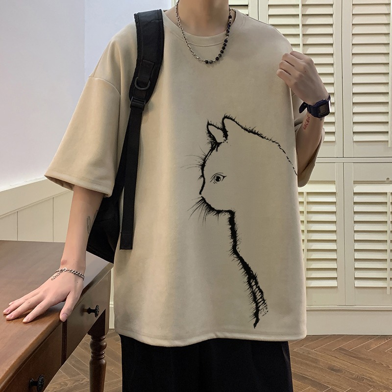 Summer trendy cat print off shoulder sleeve t-shirt Instagram men's antique lazy round neck suede T-shirt_voghion.com
