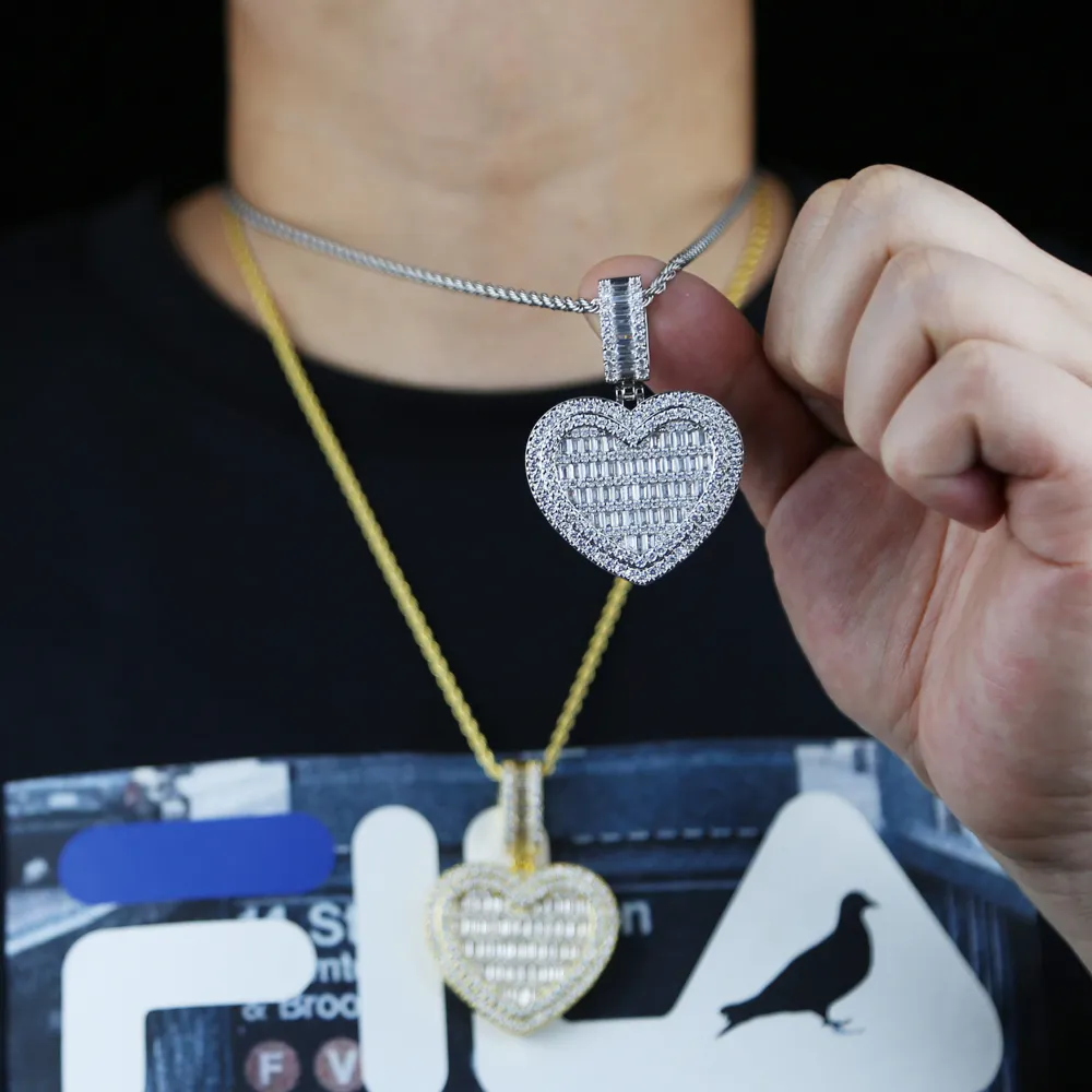 Chains Valentine's Day Gift Women Men Micro Paved 5A Cubic Zirconia Baguette Cz Big HipHop Full Iced Out Heart Pendant_voghion.com