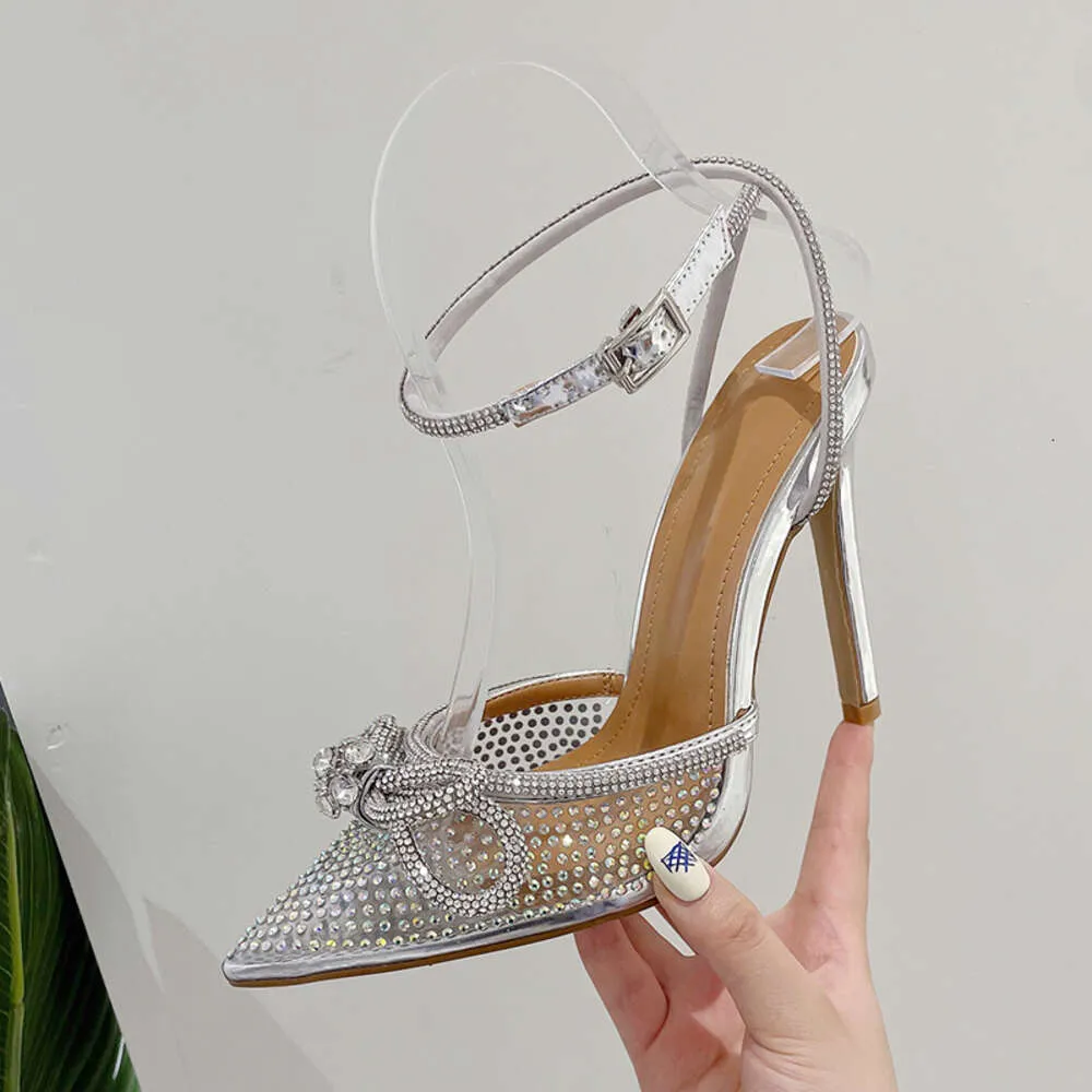 Sandali con tacco 35-42 in argento, alla moda, con nodo a farfalla, 2024, con fascia stretta, con punta a punta e cristalli intrecciati, da donna, SS_voghion.com