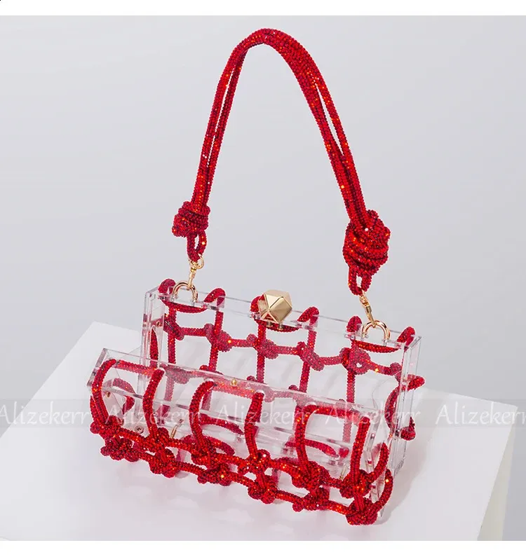 Bolsos de mano de noche con caja de acrílico transparente Dia para mujer, bolsos de mano y carteras de mano con cuerda anudada tejida, para bodas y fiestas_voghion.com