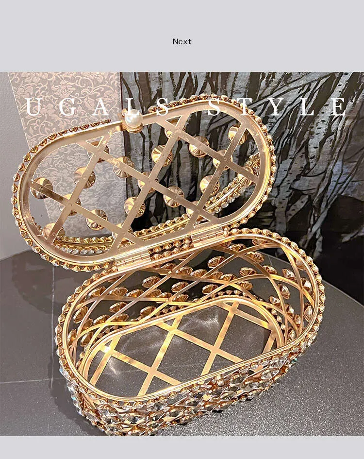 Designer aushöhlen Gold Metall Käfig Kristall glänzend Rhie Dia Abend Hochzeit Party Kupplung Geldbörse Umhängetasche_voghion.com