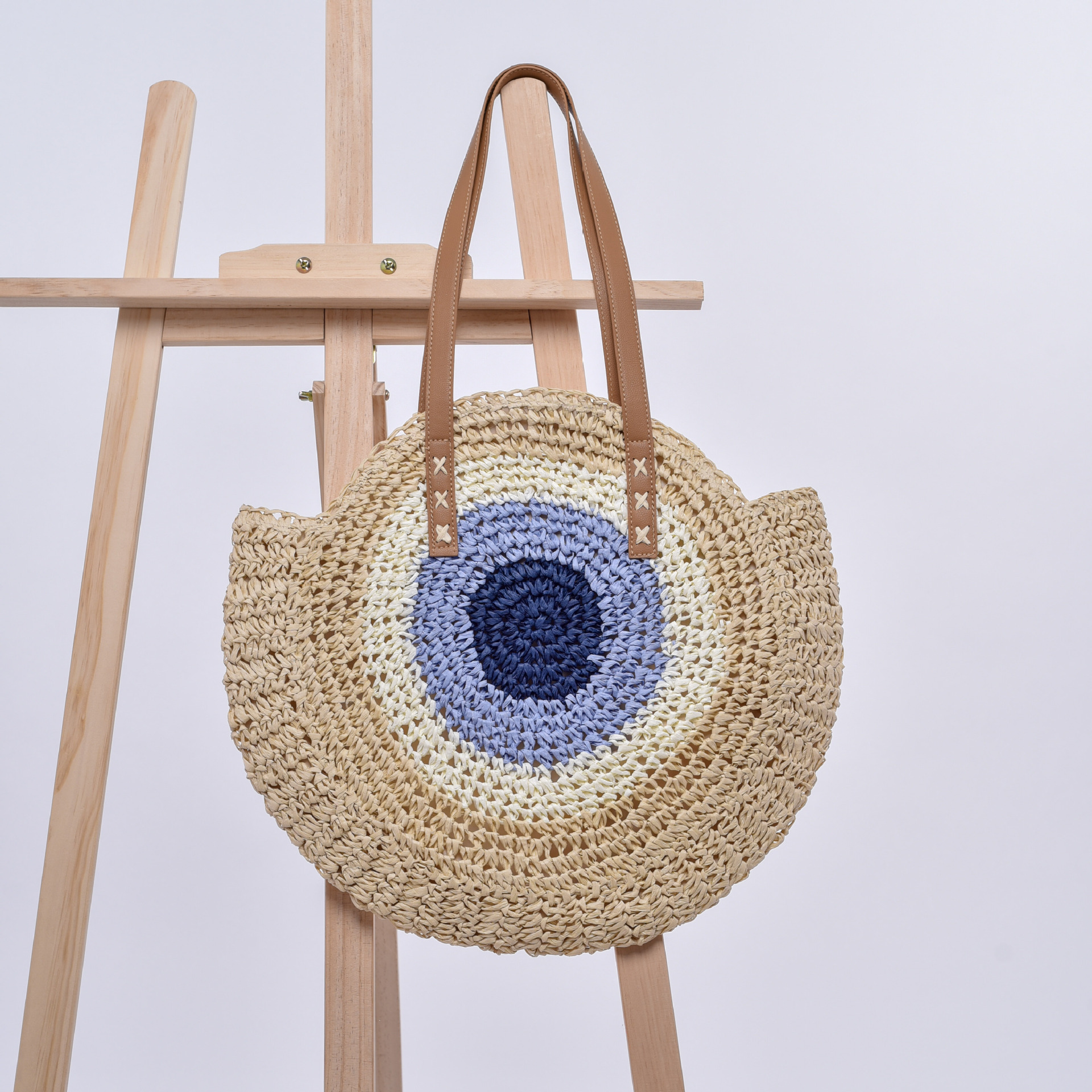 Borsa da donna intrecciata a mano, grande, a forma di cuore blu, rotonda, in paglia, fatta a mano, per le vacanze al mare, spiaggia, monospalla, fabbrica_voghion.com