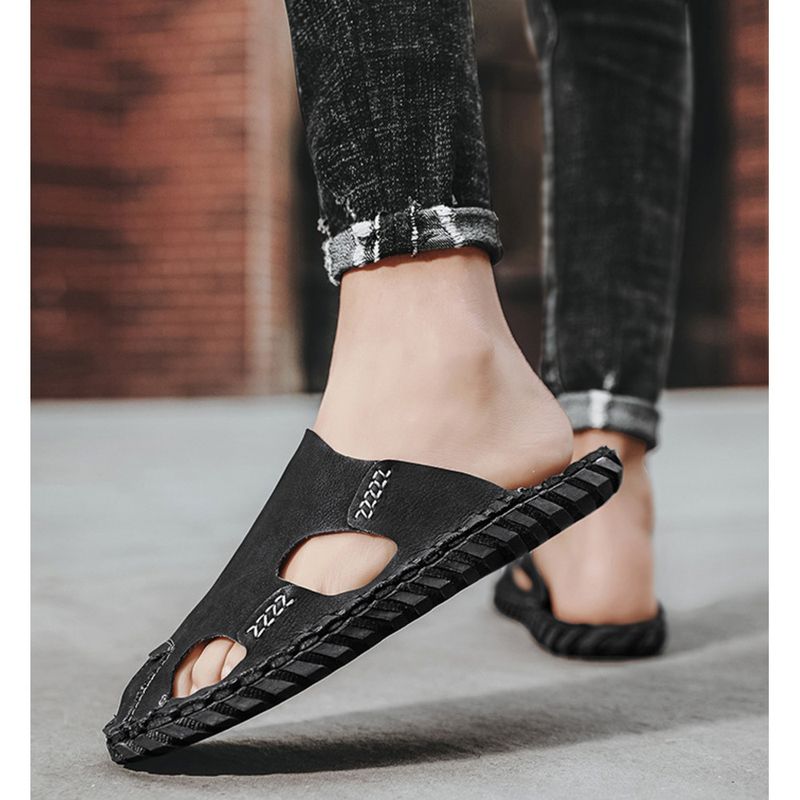 Baotou Herren Sommer Strandsandalen Leder rutschfeste Slipper Fauler Mann ohne Absatz Halbschuhe_voghion.com