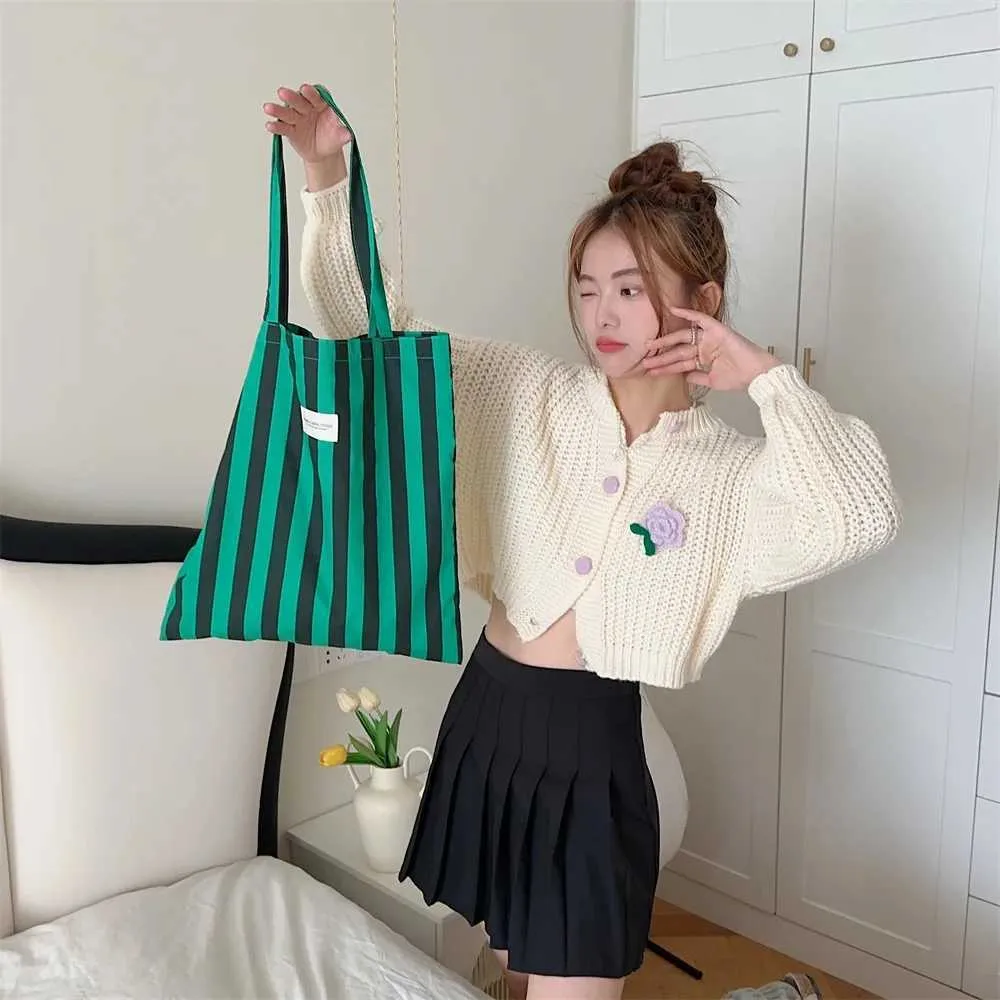 Vintage gestreifte warme Leinwand große Kapazität tägliche Einkaufstasche lässig tragbare Damen Reisehandtasche Y241109_voghion.com