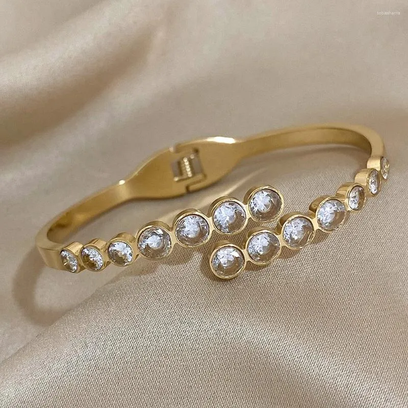 Pulsera de acero inoxidable con incrustaciones de circonita y cuentas redondas para mujer, brazalete de color dorado y plateado_voghion.com