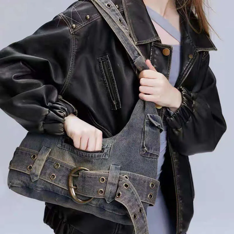 Bolsa de ombro feminina vintage jeans punk da moda, bolsa de mão grunge de rua Y2k, bolsa de mão retrô gótica casual para meninas, bolsas de axila_voghion.com