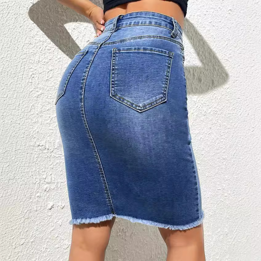 hüftbedeckender Rock Jeansrock mit ausgefransten Kanten verwaschener schmaler Rock_voghion.com