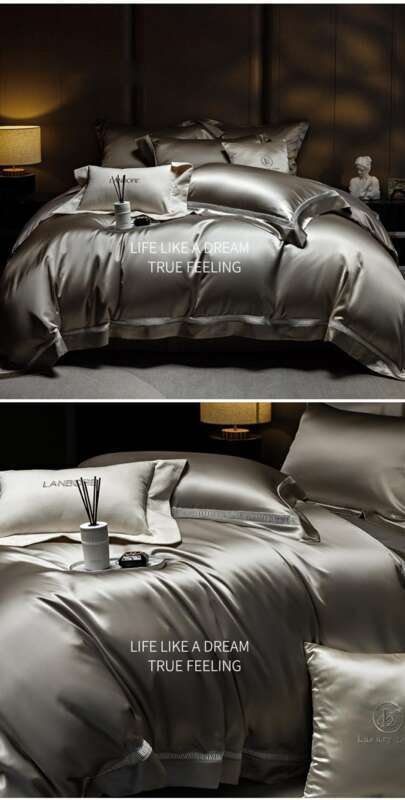 High End Water Gloss Silk Satin Ultra-fine Denier Lyocell Cotton Four Piece Hollow Out Light Luxury Duvet Set Bedding_voghion.com