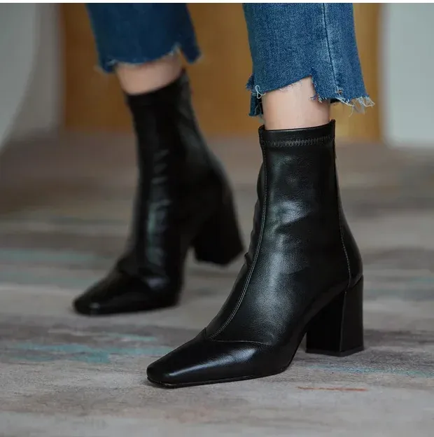 Vintage Dicke Frauen Stiefeletten Heels Boot Mode Spitzschuh Reißverschluss Winter Damenschuhe Leder Braun Kurze Booties_voghion.com