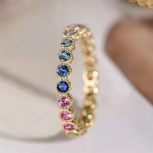 Anillos de promesa Huitan con circonitas cúbicas arcoíris de colores para mujer, color dorado, tendencia, accesorios de boda, declaración para niña_voghion.com