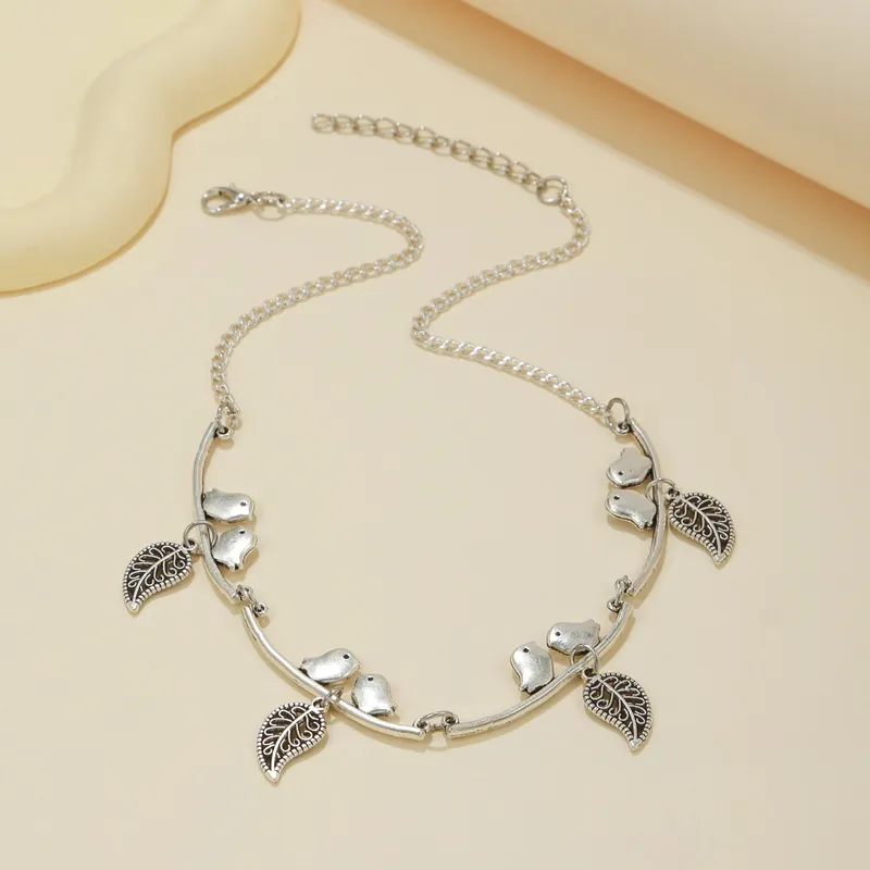 Halsketten mit Anhänger, Vintage-Stil, Blatt und Vögel, Anhänger für Frauen, Statement-Halskette, Kragenschmuck_voghion.com