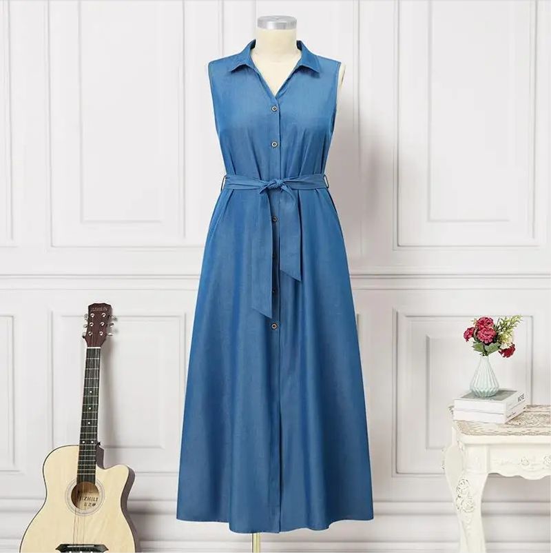 women's clothing temperament casual lapel sleeveless waist tie denim dress_voghion.com