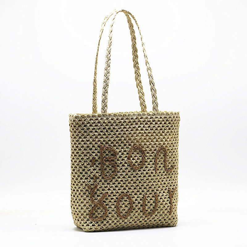 Women's letter woven bag single shoulder beach straw bag simple and generous_voghion.com
