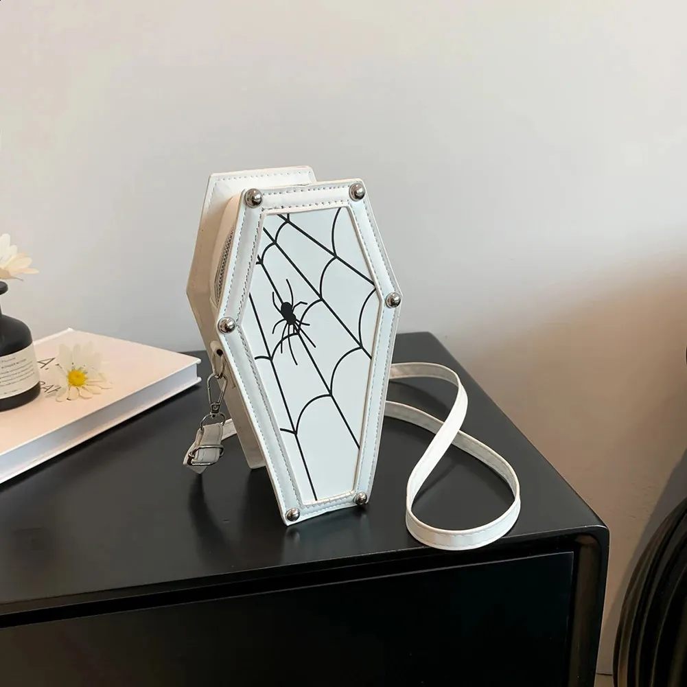 Borsa a tracolla in pelle PU a forma di bara gotica con tracolla regolabile, borse a tracolla per Halloween con ragnatela 240823_voghion.com