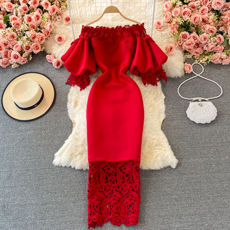 Women's Clothing Shoulder retro lantern exposed dress waist dress wrapped skirt one sleeve dress dress ancient hip red long skirt collar