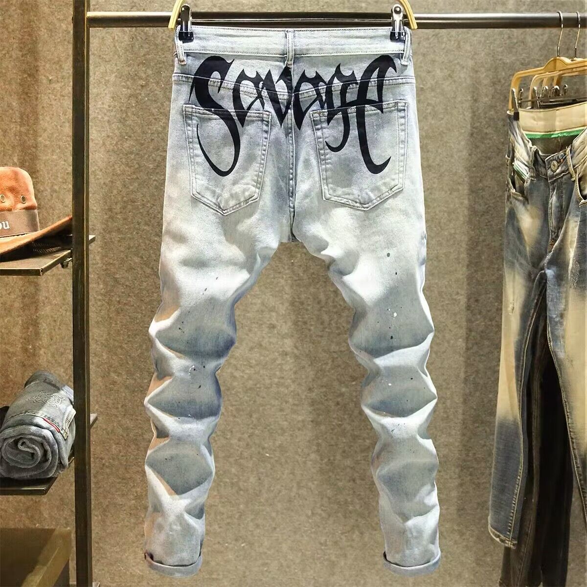 men's trendy high street ink-splashed jeans youth elastic slim fit personalized printed skinny long pants men