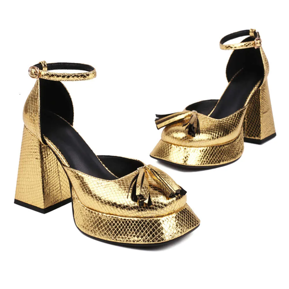 Gingham Gold glänzende Mikrofaser-Fransenschuhe mit hohen Absätzen für Damen mit atmungsaktivem Plateau mit ultrahohem, dickem Absatz_voghion.com