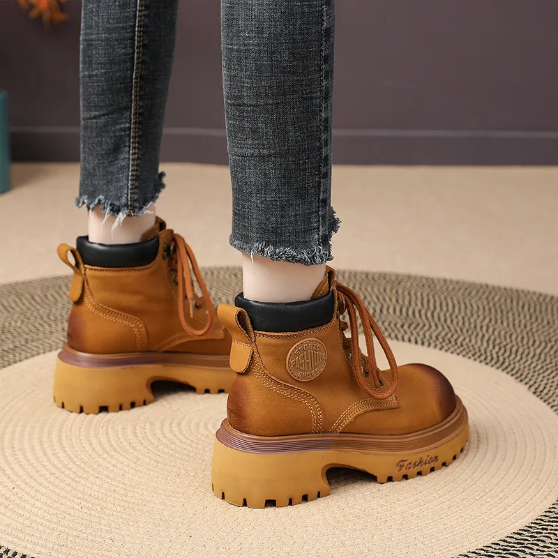 Genuine Leather Motorcycle Boots For Women Round Toe Thick Sole_voghion.com