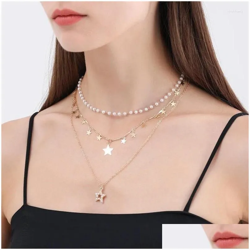 Kolye Kolye Bohem Katmanlı El Yapımı Yıldız Taklit İnci Vintage Chokers Kadınlar İçin Altın Renkli Kolye Moda_voghion.com