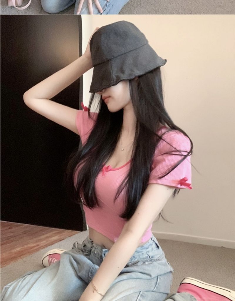 Tricou de vară pentru femei, cu mânecă scurtă, decolteu scurt, cu fundă, Pure Desire, sexy, cu claviculă expusă, cu fundă în U_voghion.com