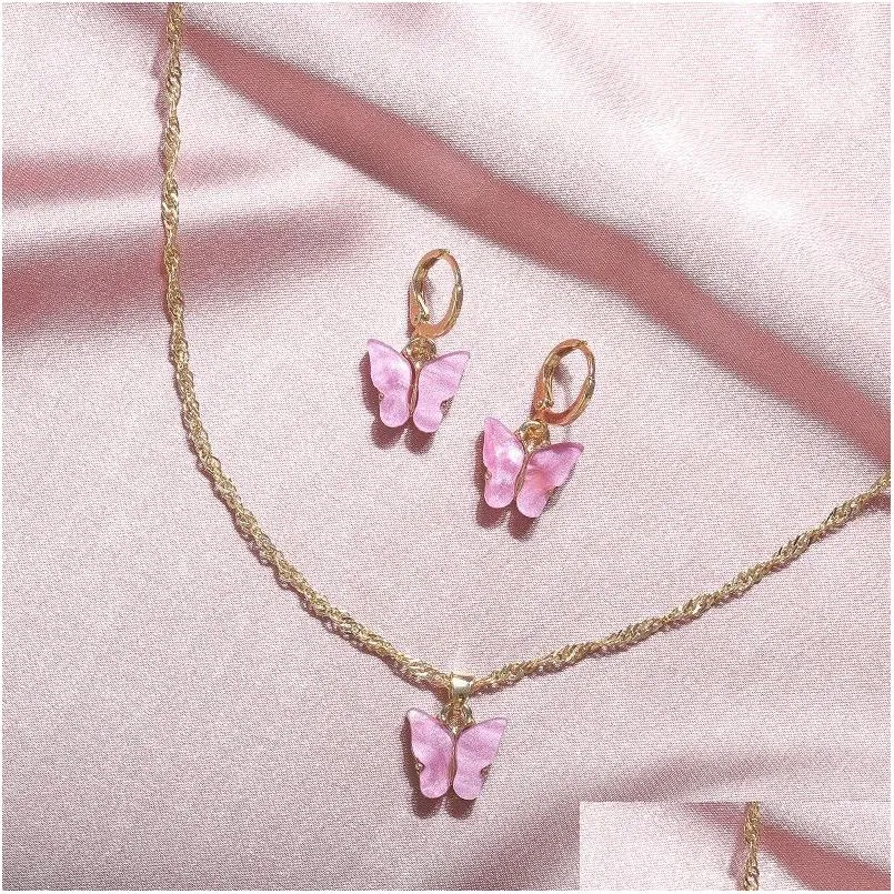 Hängsmycken Halsband Fjärilshalsband Örhängen Smyckeset Guldkedjor Akryl Örhängen Dammode Will And Drop_voghion.com