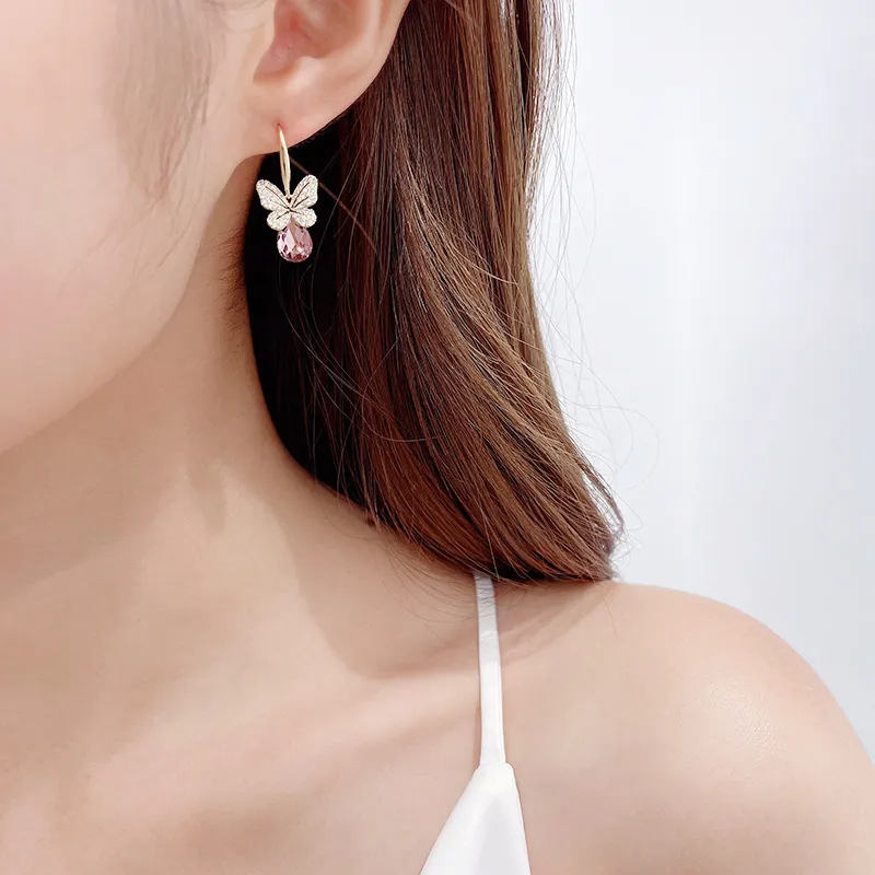 Boucles d'oreilles de style coréen de nouvelle marque 2024, ensemble de micro-boucles d'oreilles minimalistes en zircon, boucles d'oreilles papillon en cristal bleu_voghion.com