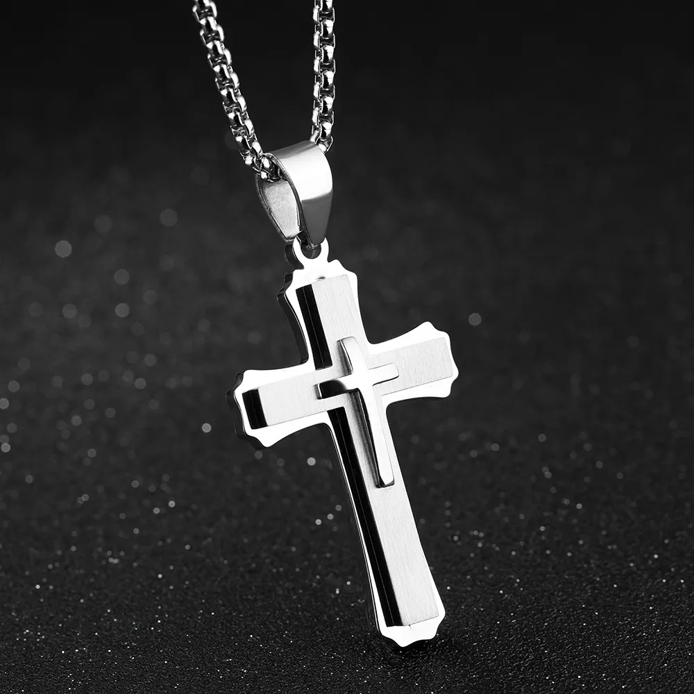 Třívrstvý křížový přívěsek náhrdelník klasický pánský vysoce kvalitní přívěsek z nerezové titanové oceli 316L, křesťanské šperky_voghion.com