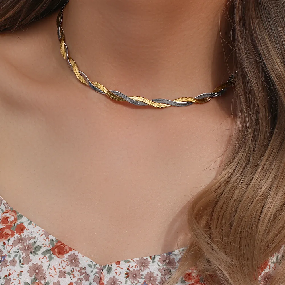 Catene in vendita Drop 2 toni Herryingbone Chain Braided Mix Choker Necklace Corta in acciaio inossidabile_voghion.com