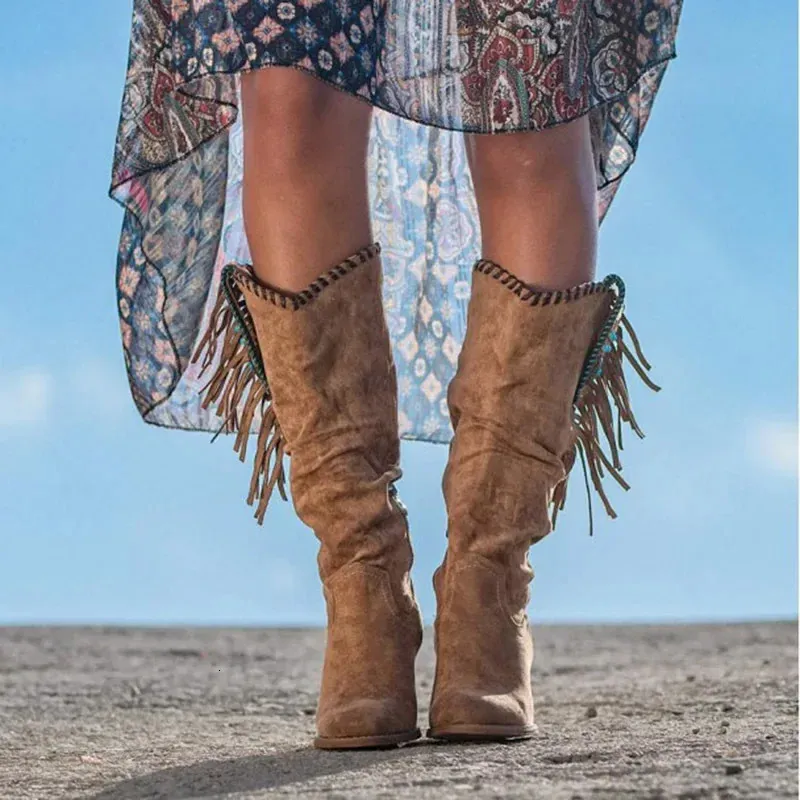 Autumn Winter Retro Sexy Slim Womens Knee Square High Heels Pointed Toe Platform Tassel Western Denim Shoes 241024_voghion.com