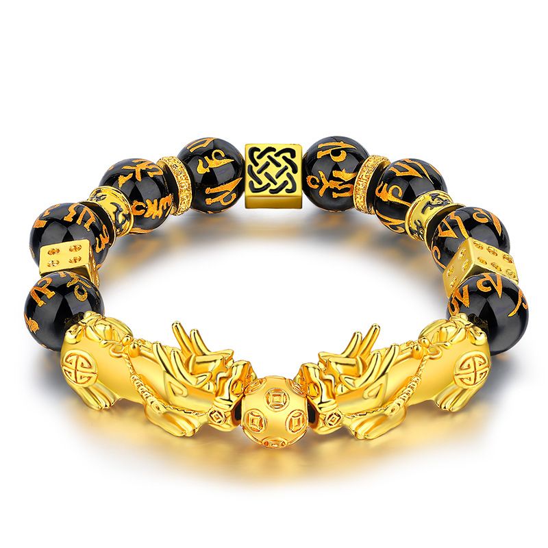 Bracciale unisex con perline di mantra a sei caratteri in ossidiana color oro e moda_voghion.com