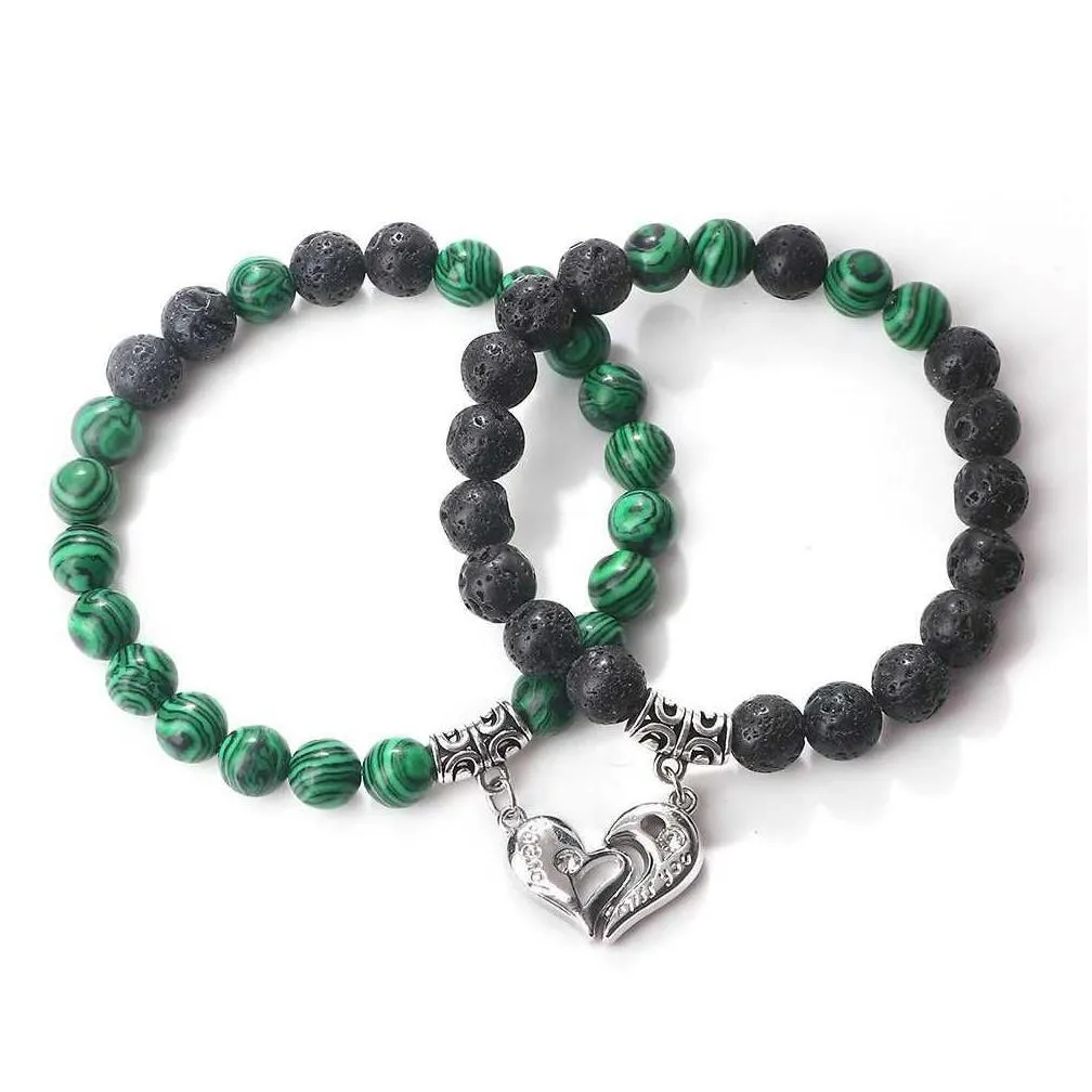 2 Stéck/Set Häerzfërmeg Magnéitesch Koppelarmbänner aus Natursteenperlen, charmant Magnete, passend Kaddoe fir Léifsten_voghion.com