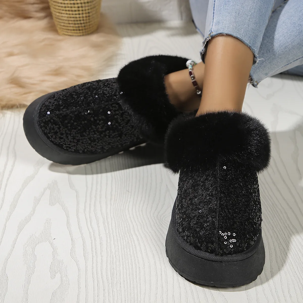 Ankle Snow gly botas slides mulheres Inverno 2024 Nova Moda Brilhante Pele Curta Pelúcia Chinelos Quentes frete grátis_voghion.com