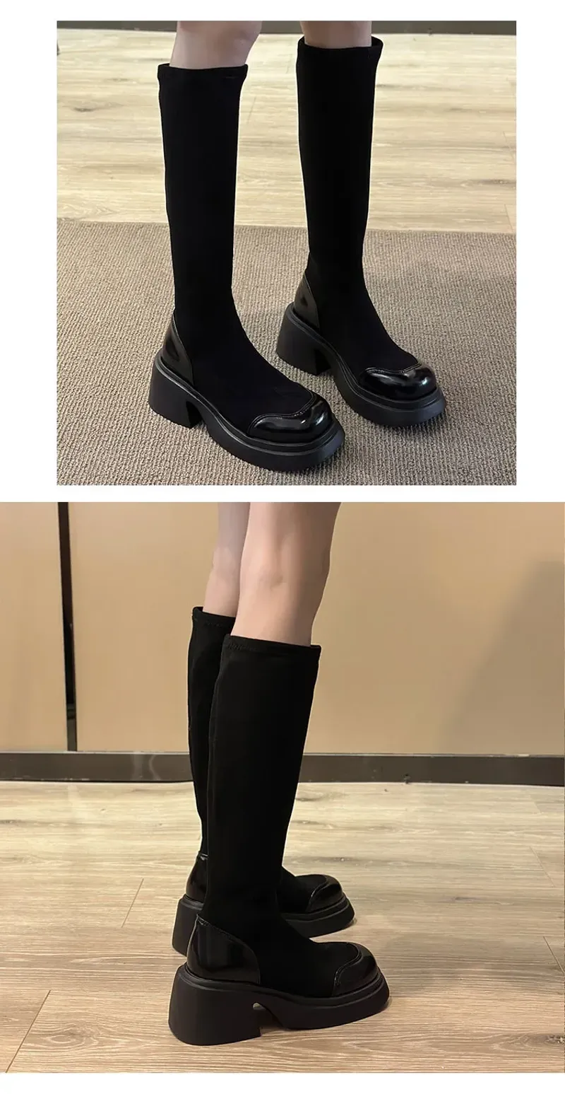 Women Platform Ankle Autumn Winter New Slip on Chunky Goth Boots Woman Thick Soled Short Booties Female Elastic Sock_voghion.com