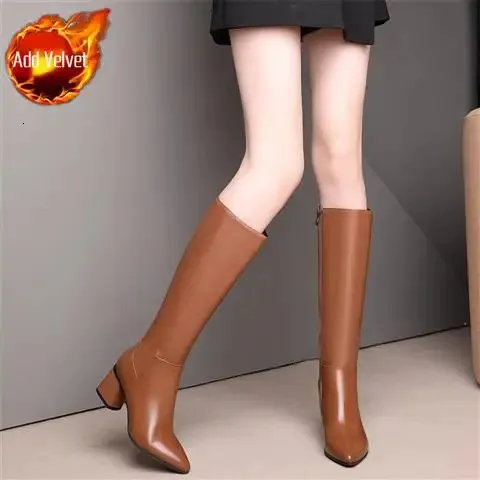 Winter Long Shoes Woman For Knee High Shaft Footwear Leather Womens Boots Fur Brown Pointed Toe Chic And Elegant Fashion_voghion.com