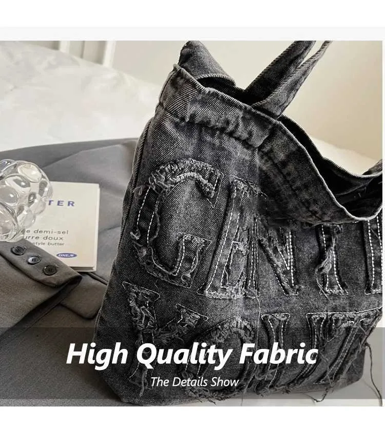 Minimalist Style R Edge Letter Design Jeans Canvas Solid Color Large Capacity Shoulder Bag Suitable For WomenC241116_voghion.com