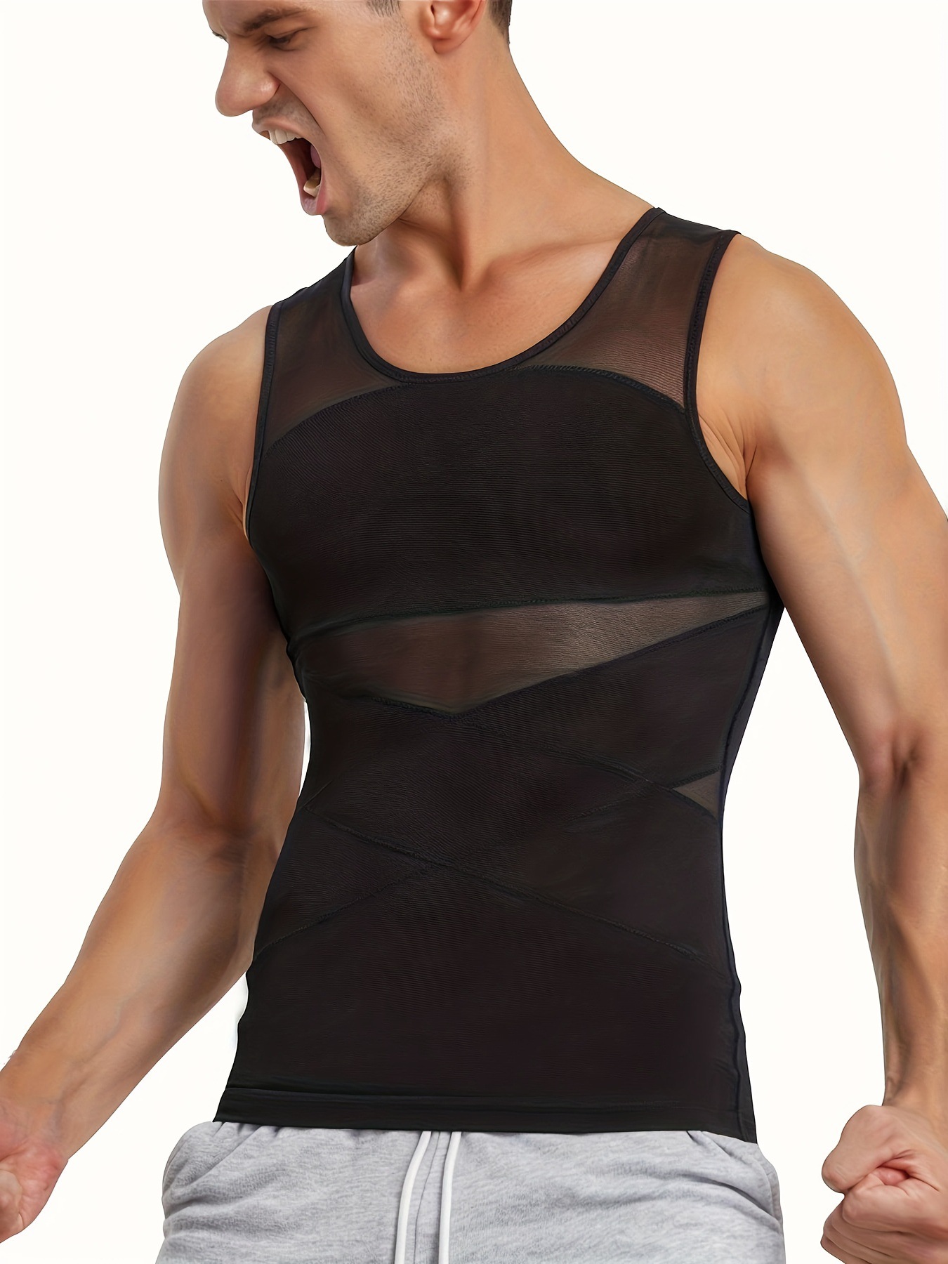 men's clothing vest mesh breathable waist shaping back and abdomen fitness training body shaping vest elastic tights_voghion.com
