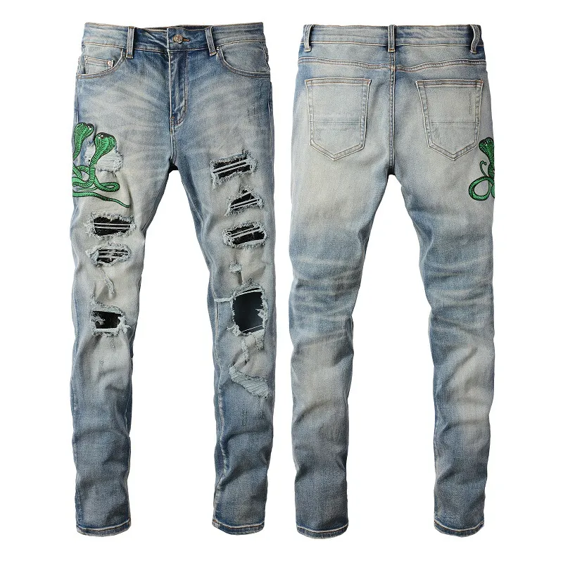 Men's Jeans Light Blue Embroidered Snake Patchwork High Street Stretch Distressed Slim Fit Ripped Men_mkmklike.com