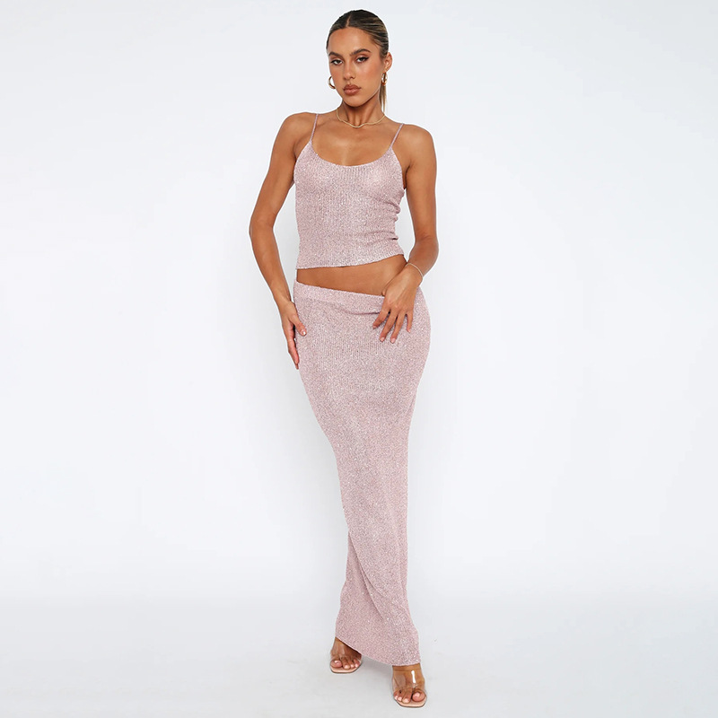 Temperament Suspender Fine Glitter Off-shoulder Top Tight Hip Skirt Two-piece Set_voghion.com