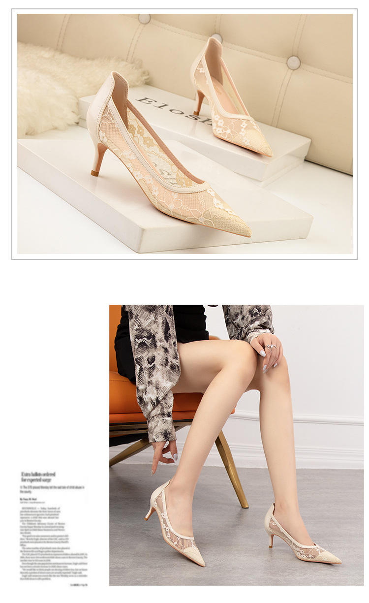 High heel thin heel shallow point flower embroidery lace mesh hollow sexy night club shoes_voghion.com