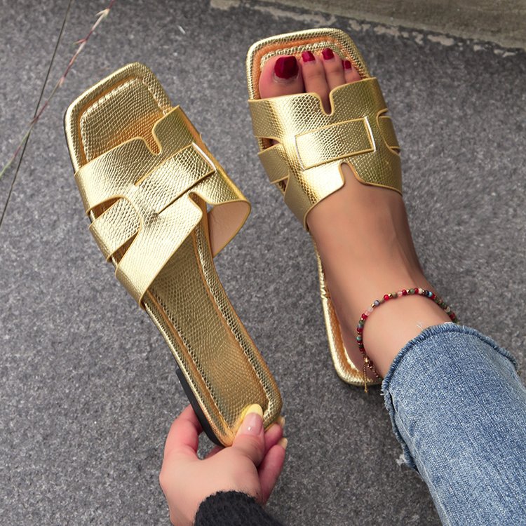 The latest internet celebrity of 2024  Large size new 15 colors flat bottomed square toe leather patchwork slippers women's sandals