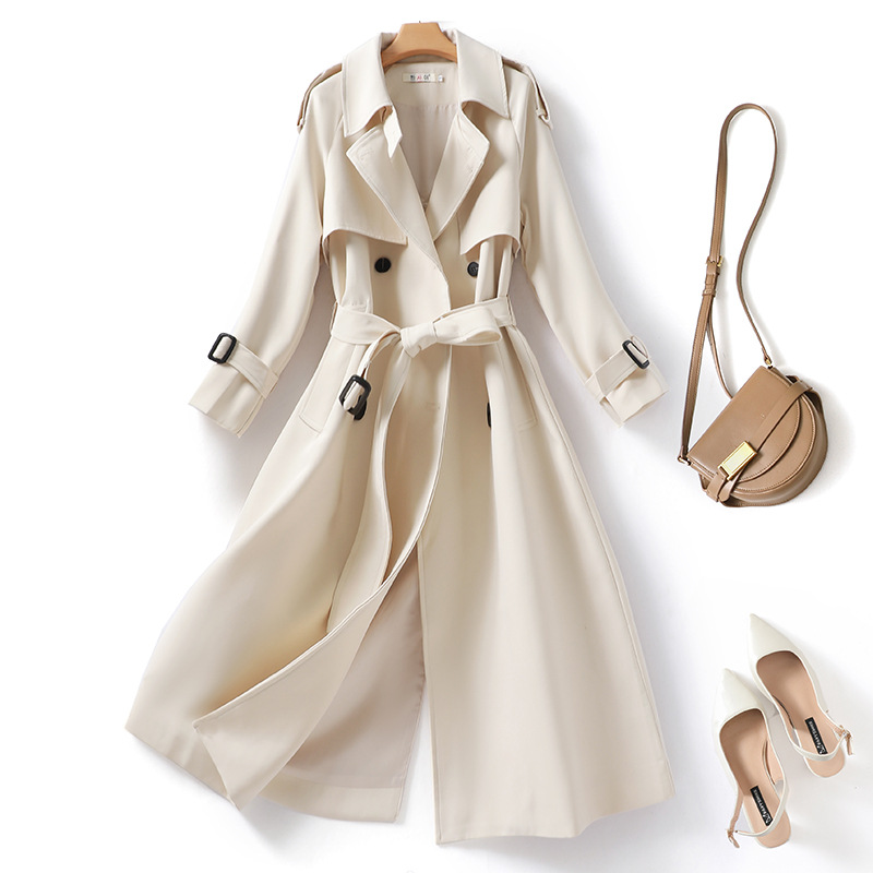 Damen Trenchcoat im neuen Herbststil mit Revers, langen Ärmeln und Taillengürtel, mittellang, 8273_voghion.com