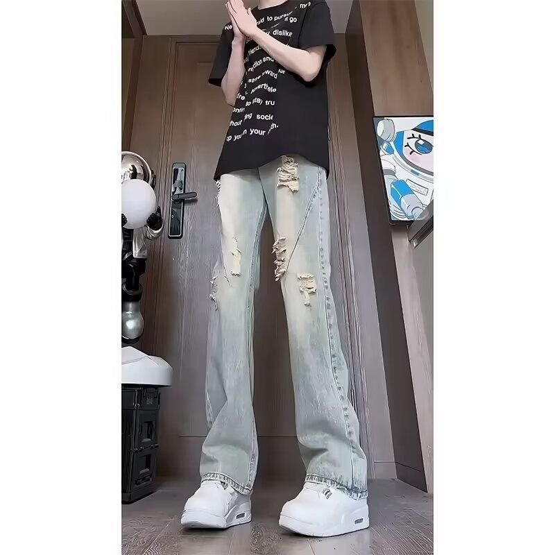 Jeans Used-Look, dünn Sommerhose für Herren Distressed-Design, gerade geschnittene Micro-Schlaghose im amerikanischen_voghion.com