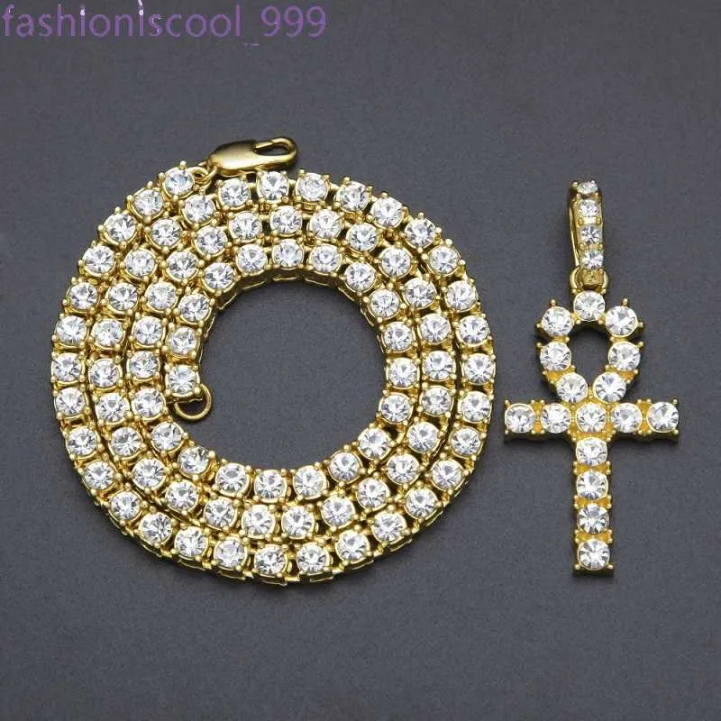 Mens Iced Out Chain Egyptian Ankh Key Pendant Necklace Hip Hop Jewelry Rhinestones Crystal Cuban Link Gold Chains_voghion.com