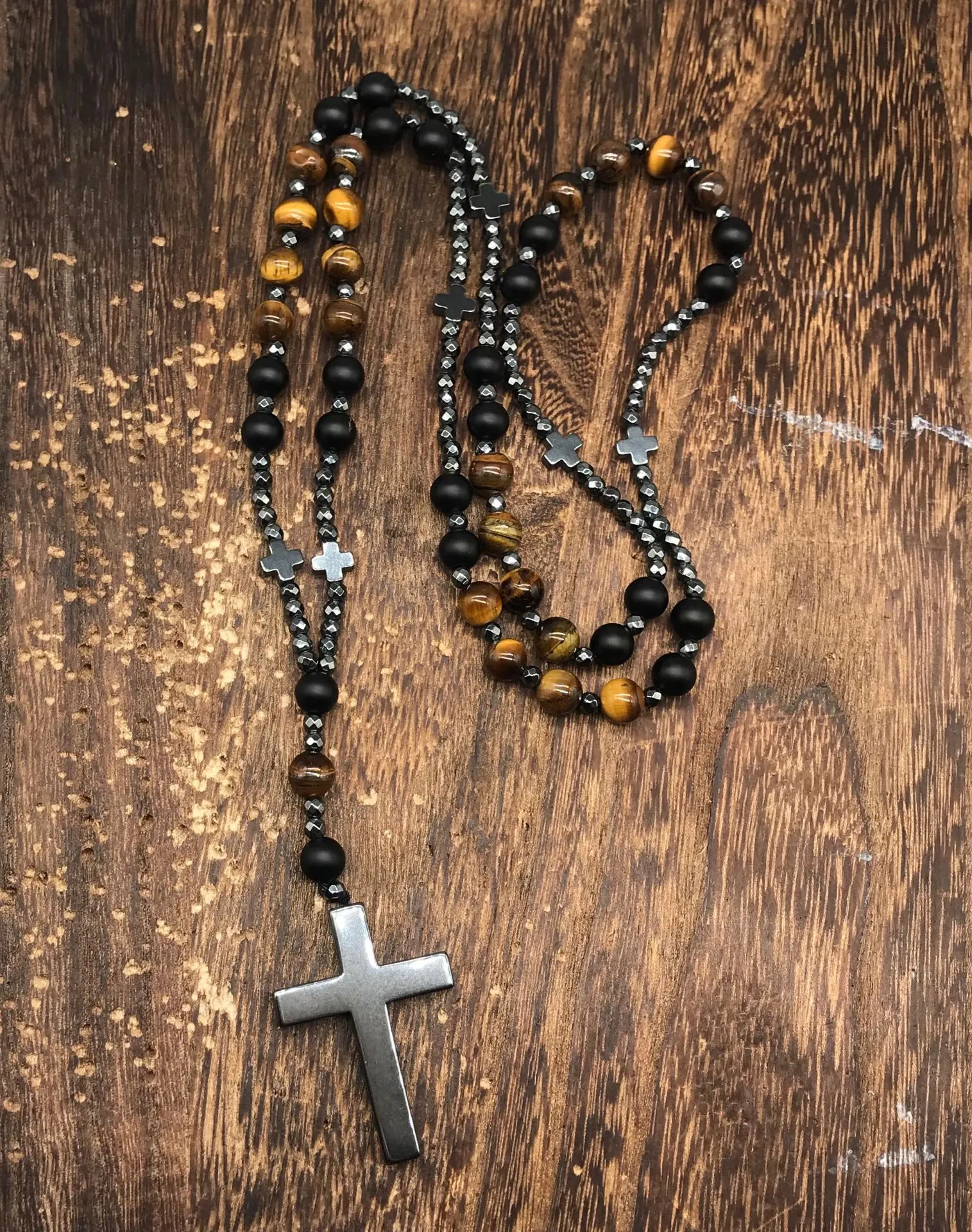 Colliers pendentifs en hématite pour hommes, croix, chapelet, collier de perles, crucifix, pour lui, père, bijoux religieux_voghion.com