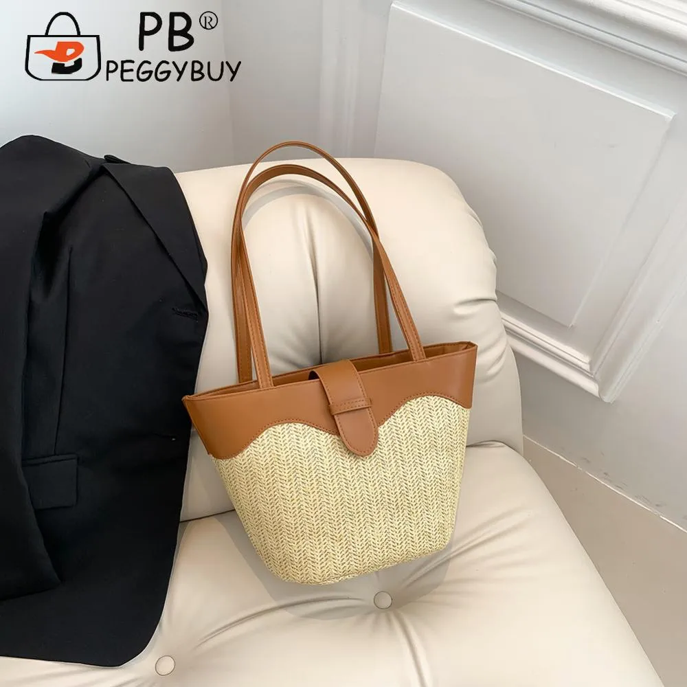 Borsa a tracolla da donna alla moda, grande capacità, in paglia, casual, con cerniera, con manico superiore, leggera e traspirante._voghion.com