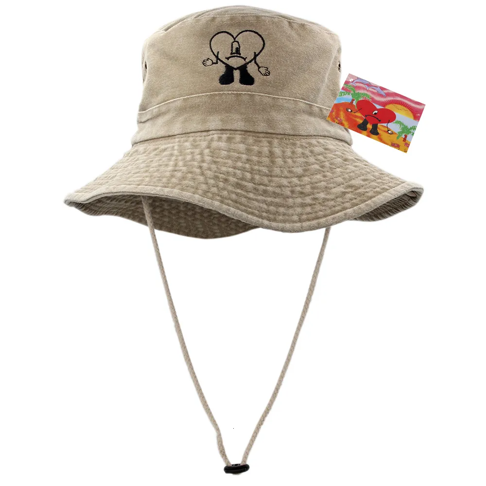 Pălării de plajă pliabile cu boruri largi din bumbac, brodate cu Bad Bunny, pescar, UN VERANO SIN TI, pentru femeie_voghion.com