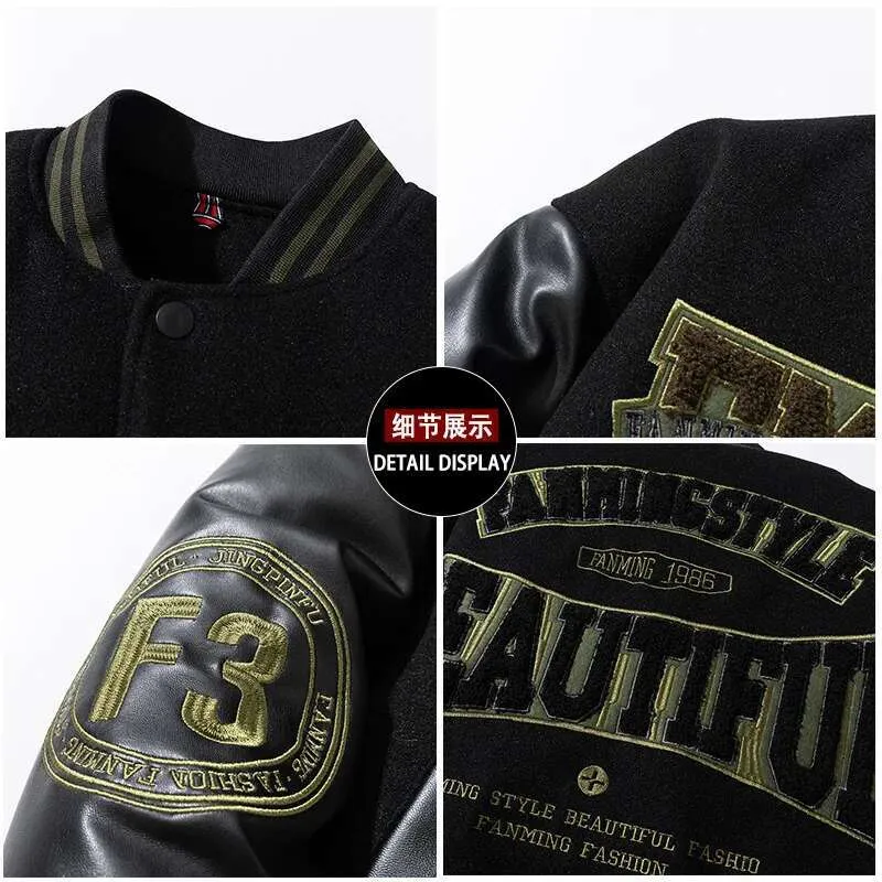 Men's Vintage Baseball Jacket Cotton Coat With Leather Sleeves_voghion.com