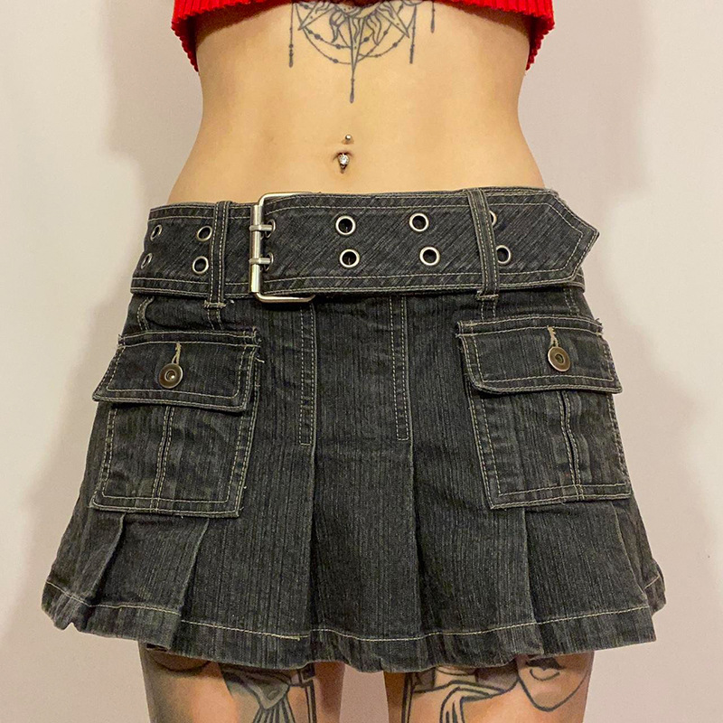 Neuer halblanger Damenrock, jugendlicher und sexy plissierter elastischer Jeansrock_voghion.com